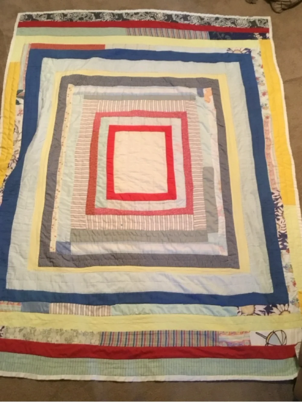 Handmade Multicolor Patchwork Quilt - Blue, Yellow, Red Accents